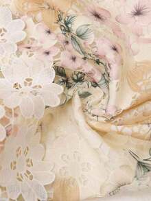 Vestido corto de manga corta romántico con dobladillo asimétrico, encaje y estampado floral diminuto para mujer - Albaricoque - Ver 7