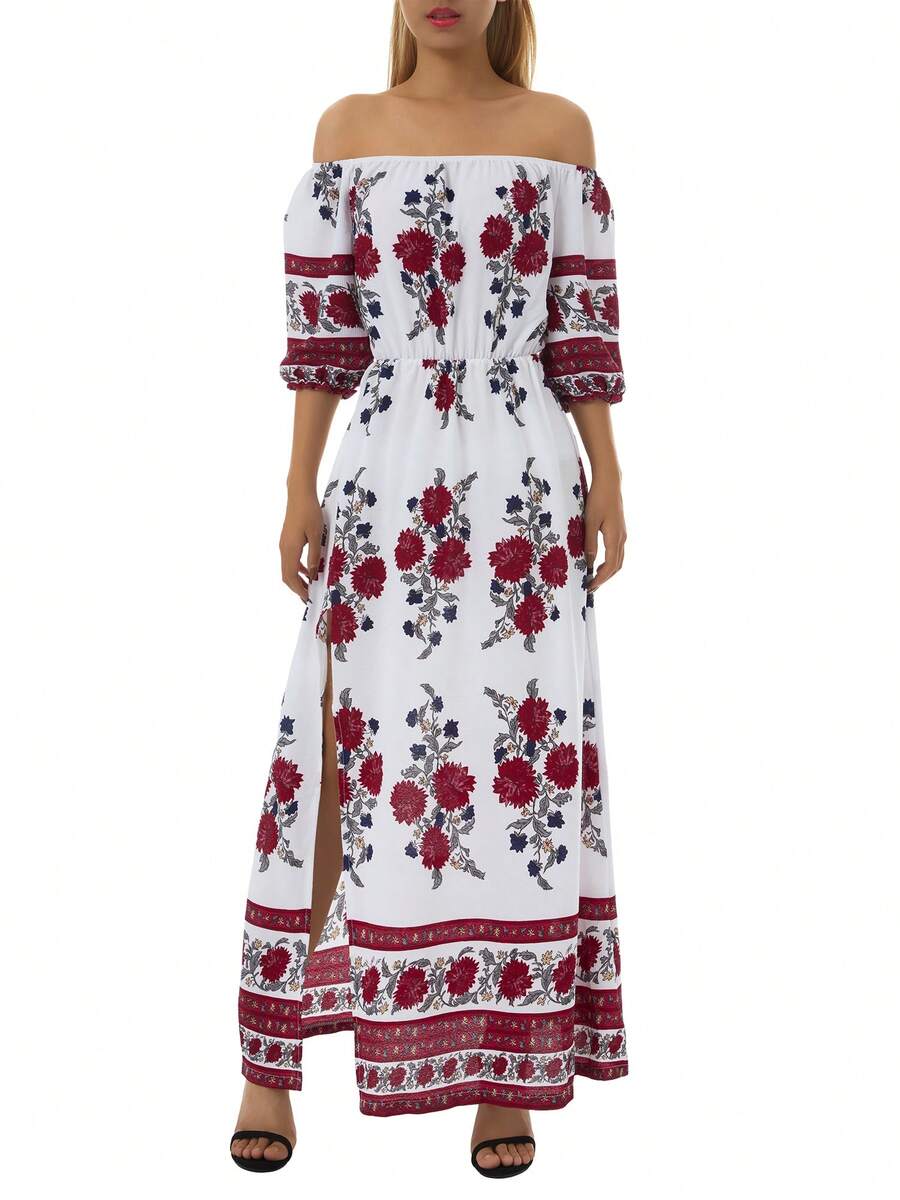 Women Floral Print Long Sleeve, 3/4 Sleeve Off-shoulder Side Split Dress for Summer - Flor - Ver 1