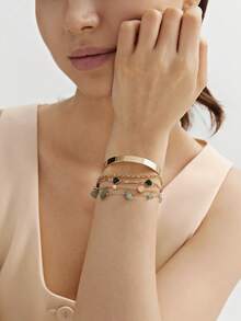 5pcs Vintage Style Faux Gem & Pearl Bracelet Set, Fashion Versatile Faux Pearl Jewelry (Handmade Chain Trimmed To Desired Length) - Gold - View 4