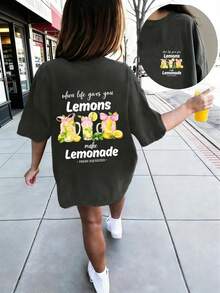 少女休闲趣味印花圆领短袖T恤，夏季上衣 - 深灰色 - 查看 3