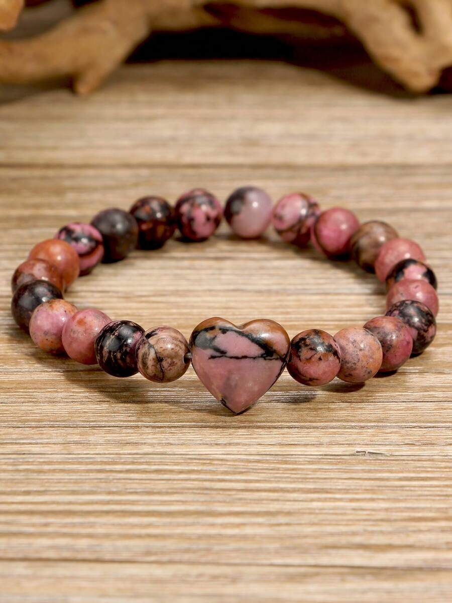 Yumfeel Natural Stone Rhodonite Heart Beaded Bracelet, Autumn/Winter Fashion Versatile Women's Accessory, Bohemian Style Jewelry Gift