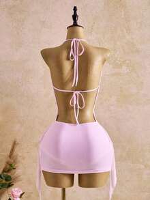 Femesol New Spring/Summer Women's Fashion Sexy Halter Tie Mini Dress - Plunging Neckline Design - Open Back Tie - Ruffle Hem - Resort - Beach - Pink Dress - 粉色 - 查看 2