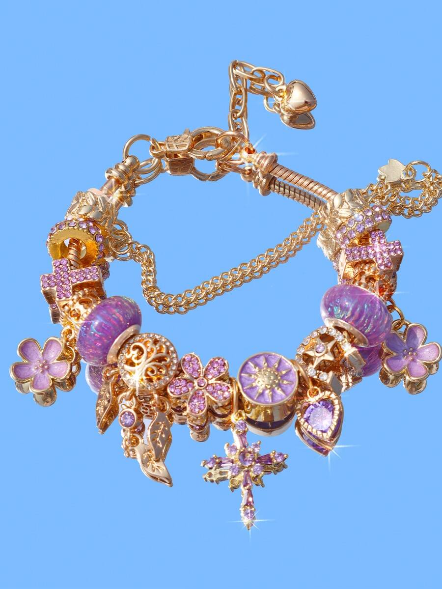 1 pieza Pulsera con dije de flor de jardín púrpura, 1 pieza Pulsera con corazón de flor de cerezo púrpura, Pulsera de cruz solar de cuento de hadas DIY