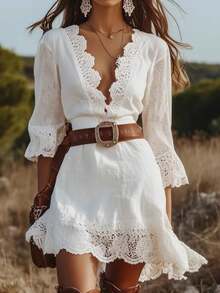 Women's Casual Solid Color Lace Patchwork Lace Dress Without Belt - 白色 - 查看 1