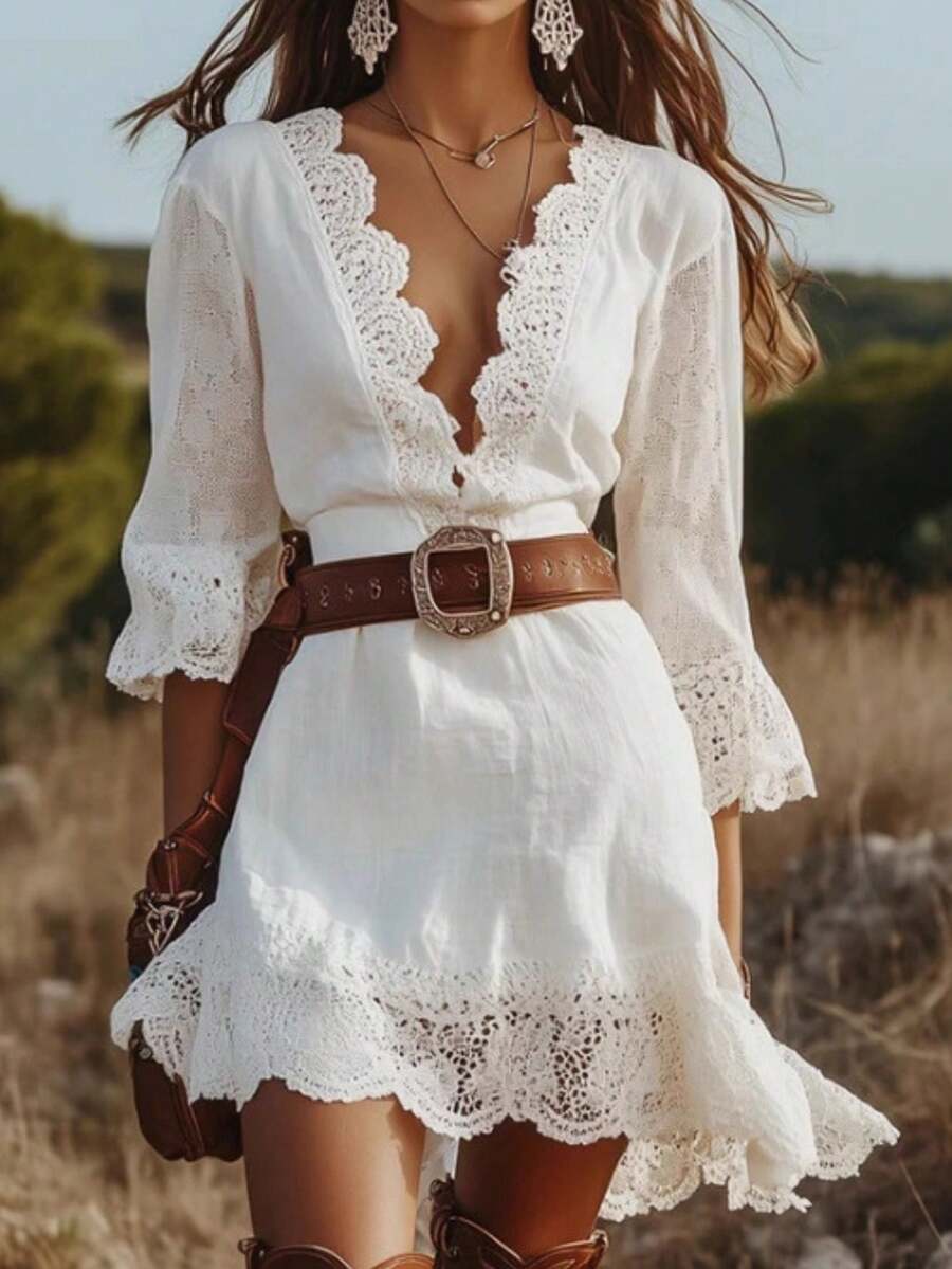 Women's Casual Solid Color Lace Patchwork Lace Dress Without Belt - 白色 - 查看 1