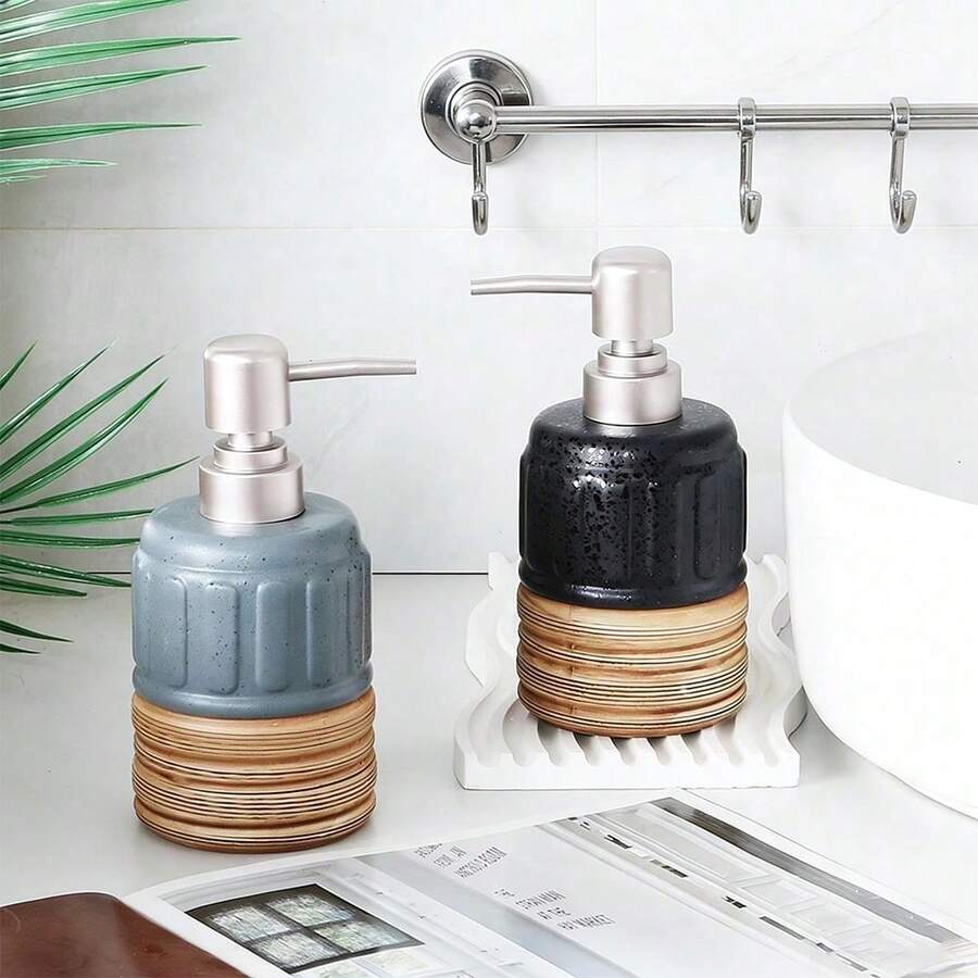1pc Ceramic Lotion Bottle With Vertical Striped Design, Refillable Dispenser Bottle, Hand Sanitizer Pump Bottle, Simple And Practical Home And Bathroom Toiletries - Multicolor - View 1
