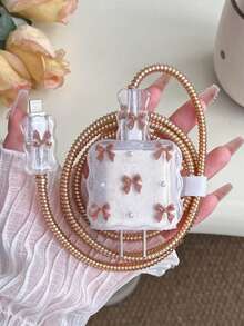 5pcs Brown Bow & White Pearl Design Phone Charging Accessory Set, Including Charging Cable Protector, Charging Head Cover, To Prevent Charging Cable Breakage. Suitable For IPhone 18W/20W Charger. - Brown - View 3