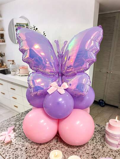 21pcs Purple Iridescent Transparent Butterfly Balloon Set, Includes Butterfly Foil Balloons & Pink/Purple Balloons With Bow Decor, Suitable For Birthday Party Decoration, Valentine's Day, Wedding, Ladies Birthday, Butterfly Theme, Baby Shower, Party Supplies