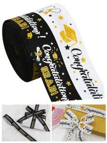 1pc Black & White Satin Ribbon, Graduation Celebration 2026 Graduates Wreath, Gift Packaging, Flower Bouquet, Certificate Packaging, Graduation Party Decor, Graduation Gift - Multicolor - View 1