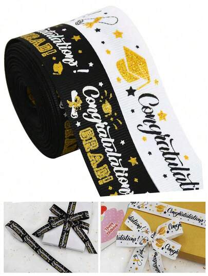 1pc Black & White Satin Ribbon, Graduation Celebration 2026 Graduates Wreath, Gift Packaging, Flower Bouquet, Certificate Packaging, Graduation Party Decor, Graduation Gift