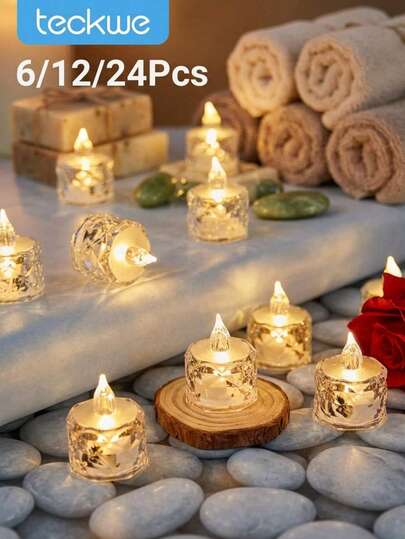 Teckwe 6/12/24 件装逼真明亮的电池供电无焰 LED 茶蜡，水晶电子仿真蜡烛，适用于万圣节、情人节、婚礼、圣诞节派对、节日装饰