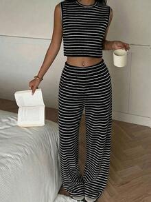 Conjunto de 2 piezas para mujer, top sin mangas a rayas y pantalones, casual - Negro - Ver 11