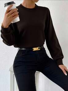 Mohair (Angora) Blouse, Women's Long-Sleeved Blouse, Thick, Printed, Plain, Suitable For Holidays, Vacations, Office, Daily Wear, Autumn, Winter. - 咖啡棕 - 查看 1