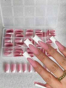 150pcs French Deep V Nail Stickers, French Manicure Adhesive Rectangular Pink 3-In-1 Nail Strips, Long-Lasting Fake Nails, Suitable For DIY Manicure, 15 Sizes Nail Supplies - 彩色 - 查看 7