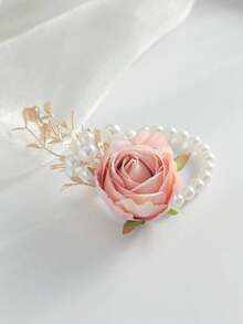 1pc/6pcs Elegant Rose Flower With Golden Leaves And Pearl Decor Wrist Corsage, Suitable For Bride, Groom, Bridesmaids, Weddings, Parties, Travels, Celebrations - Pink - View 6