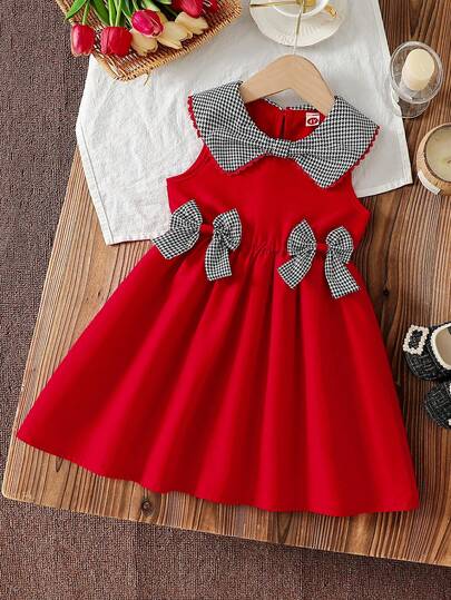 Young Girl' Fashion Casual Collar Bow Decor Dress