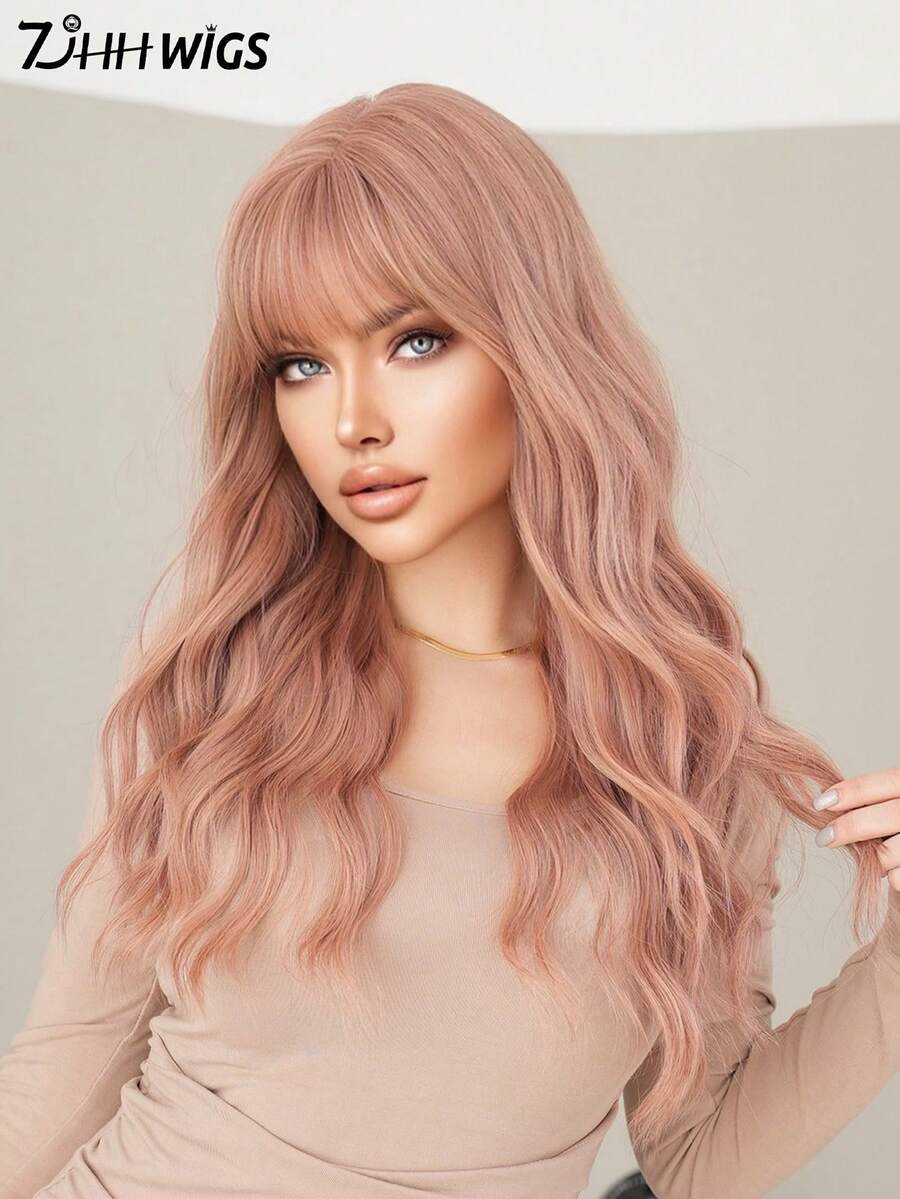 7JHH WIGS 女士长款波浪卷发假发，24英寸时尚合成波浪卷发带刘海，高品质耐热纤维全机织假发，无需胶水，适合日常派对、音乐节、万圣节角色扮演等场合，适合初学者佩戴。