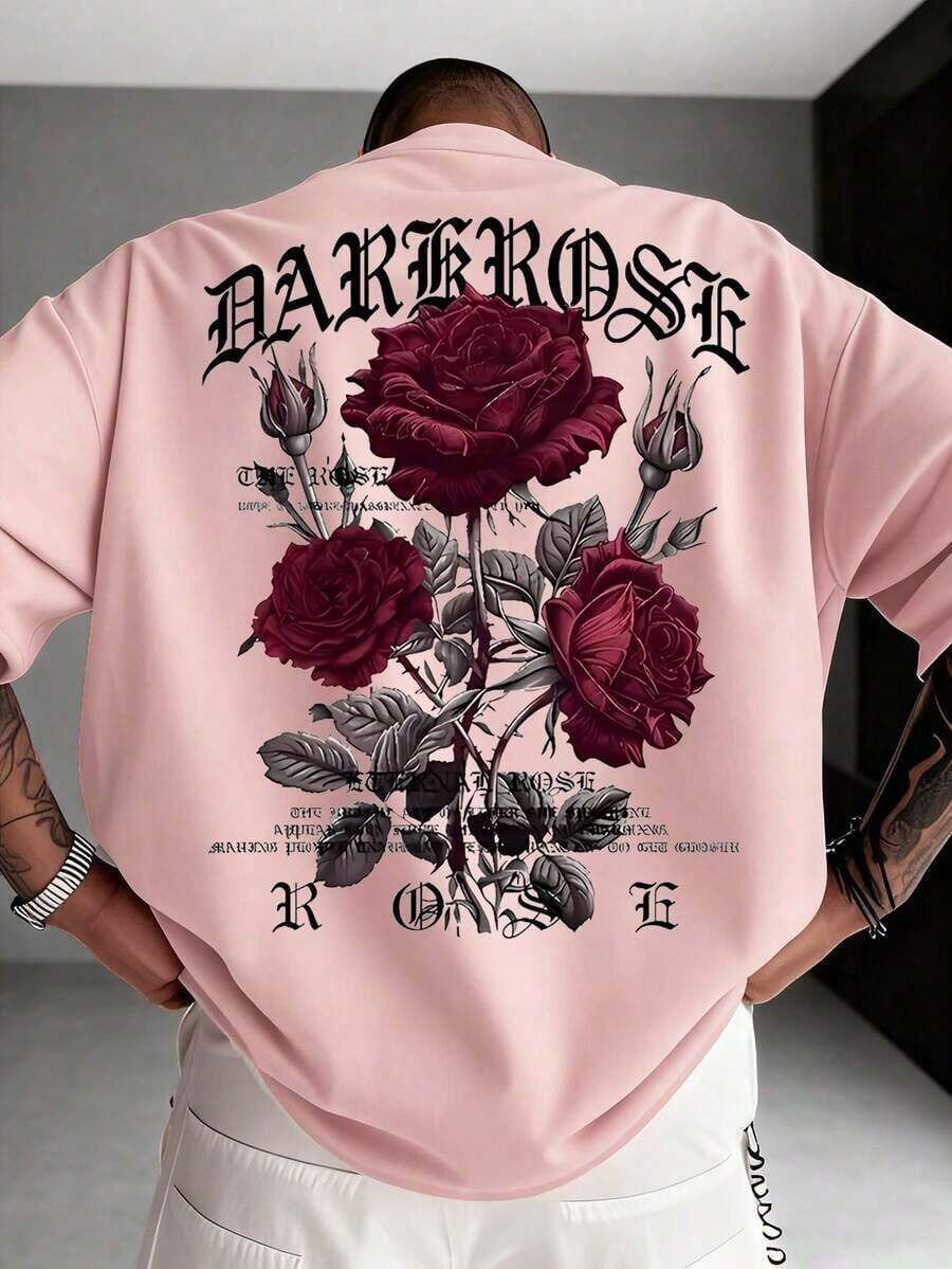 Men's Short-Sleeved T-Shirt With Rose Print, Simple And Versatile, By Zrgoth. - Pink - View 1