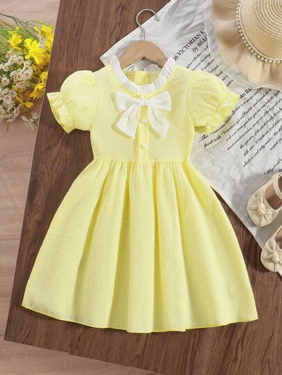 Young Girl' Cute Bow Ruffle Round Neck Petal Sleeve Short Dress, Yellow Princess Knee-Length Dress For Summer