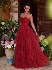 Faeriesty 浪漫无肩带婚纱，层叠荷叶边薄纱裙摆，A字廓形，完美适用于经典婚礼、毕业典礼、晚宴等场合。 - 紅色 - 查看 4