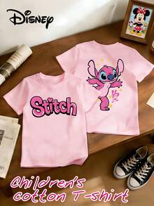 Disney Kids' T-Shirt - Stitch And Lilo Featuring A Double-Sided Cartoon Print Design. This Pure Cotton, Short-Sleeve Crewneck Tee Is Perfect For Summer, Offering A Casual And Adorable Style. Comfortable And Loose-Fitting, It Is Suitable For Both Boys And Girls-Ideal For Parties And Playtime. Machine Washable. This Children's Garment Makes An Excellent Gift For Kids And Is Perfect For Everyday Wear, Vacations, And Outdoor Activities. - 粉色 - 查看 2