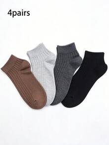 4 Pairs Solid Color Striped Ankle Socks, Unisex Comfortable Casual Socks, Basic Daily Wear, Neutral Colors (Brown/Gray/Black) - Multicolor - View 2