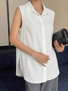 Camisa sin mangas con botones para mujer, blusa casual con cuello, ajuste regular, tela sin estiramiento, adecuada para uso diario - Blanco - Ver 5