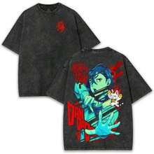 Camiseta Oversized de Anime DanDaDan Spirit Slash & Superstition de 260GSM con Estampado a Doble Cara - Estilo Urbano Vintage Lavado para Fans del Caos, Espíritus y Batallas de Ciencia Ficci - Negro - Ver 5
