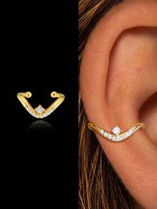 1 chiếc khuyên tai kẹp hình chữ V bằng bạc sterling 925 mạ vàng 18K, đính đá cổ điển, thiết kế thời trang tinh tế, màu vàng, ít gây dị ứng, thích hợp cho nữ và bé gái đeo hàng ngày, quà tặng mùa cưới, tiệc tùng. - Vàng - Xem 2