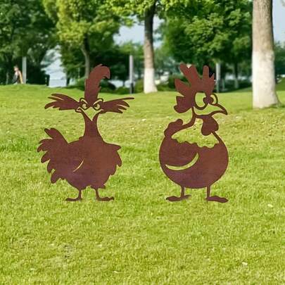 2pcs Rustic Metal Chicken Shaped Garden Stakes - Suitable For Outdoor, Lawn And Yard Decor | Fit For Halloween, Christmas, New Year And Spring Celebration