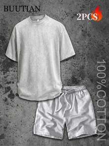 Men's 2PCS BUUTIAN Vintage Wash Solid Color T-Shirt & Denim Shorts Set, Multiple Color Combinations Available, Oversized Streetwear Casual Summer Joggermate Outfit, 90s Retro Casual Loungewear - Grey - View 4