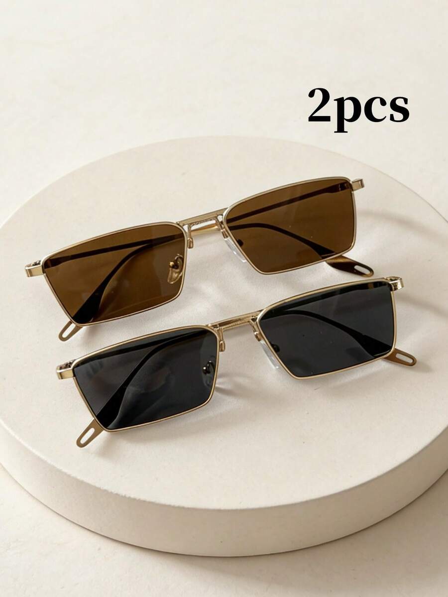 2pcs Summer Fashion Eyeglasses Set, Retro Rectangular Metal Frame Decorative Glasses, Unisex Suitable For Street Photography, Commuting, Daily Wear - 2pcs Metal Rectangular Gray Brown - View 1