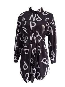 Women Irregular Hem Midi Dress, Letter Print Long Sleeve Lapel Neck High Waist Dress - Negro - Ver 7