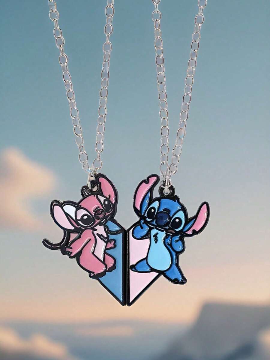 Bộ 2 dây chuyền hình trái tim Stitch hoạt hình dễ thương của Disney, trang sức tình bạn vĩnh cửu, phụ kiện đeo cổ cho cặp đôi, quà tặng tình yêu và tình bạn. - Nhiều màu - Xem 1