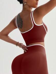 1pc Cross Strap Contrast Color Sports Bra Glowmode Workout - Burgundy - View 2