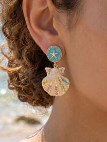 1 Pair Summer Beach Vacation Ocean Style Colorful Rhinestone Shell Pendant Blue Starfish Stud Earrings, Fashion Versatile Earrings For Women, Suitable For Daily Wear And Beach Party Evening Wear - Multicolor - View 1