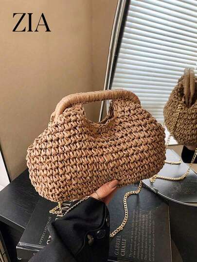1 Pc Fashionable Handheld Woven Bag Spring/Summer New Style Simple Vacation Travel Beach Paper Woven Crossbody Popular Shoulder Bag For Vacation Travel&Fashionable Clothing Matching&Going Shopping With Friends, Holiday, Woven Bag, Straw Bag