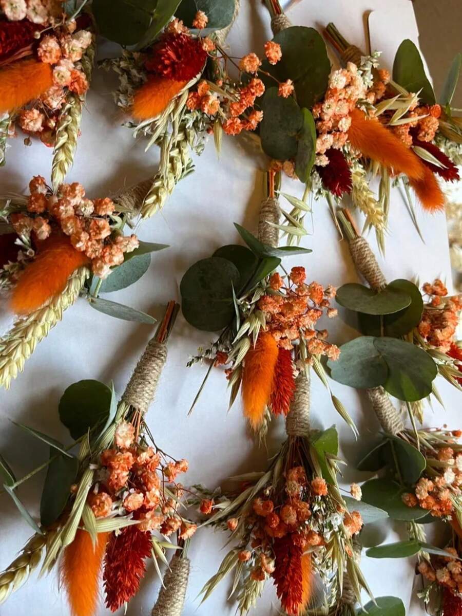 1/2/4/6/12pcs Mini Artificial Fake Flower Bouquet, Suitable For Home Desktop Centerpiece Decor, Party Cake Decor, Groom Groomsmen Boutonniere, Boho Style Vintage Wedding Party Decoration, Gift For Bride Party - Orange - View 1