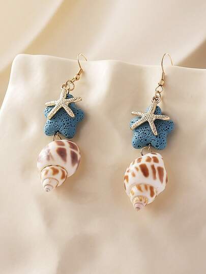 1 Pair Summer Cute Vacation Style Natural Shell, Volcanic Rock, Starfish Combination Earrings, Suitable For Women Beach Holiday Casual Wear. Natural Shell And Seashell Sizes And Colors May Vary Slightly.