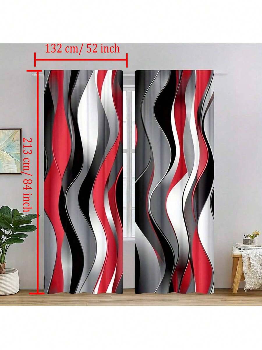 2D Flat, 2-Piece Festive Christmas Decor Window Curtains, Digital Print With Red & Black Wavy Stripe Design, Christmas Window Curtain Gift For Bedroom, Living Room, Office, Night Curtain Suitable For General Festivities And Winter Holiday Parties, Perfect For Living Room, Kitchen, Bedroom, And Holiday Winter Decor, Outdoor Christmas Decorations, Rod Pocket Design, Fade-Resistant, Xmas Artistic Style - 彩色 - 查看 1