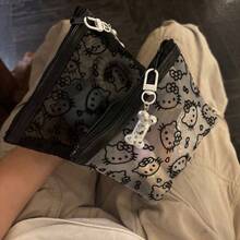 Túi đựng đồ trang điểm Sanrio 1 cái/2 cái họa tiết Hello Kitty lưới đen kèm charm xương nhỏ, dùng đựng cáp sạc hoặc làm túi xách ngoài trời, túi mỹ phẩm du lịch nữ bằng polyester dung tích lớn, phong cách ngọt ngào thời trang, có khóa kéo chắc chắn, phù hợp đi du lịch và dùng hàng ngày, món đồ không thể thiếu cho mùa tựu trường - Nhiều màu - Xem 10
