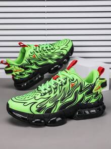 Men's Neon Green Flame Pattern Minimalist Casual Comfortable Running Shoes, Daily Colorblock Low-Top Commuting Outdoor Sports Sneakers - Green - View 8