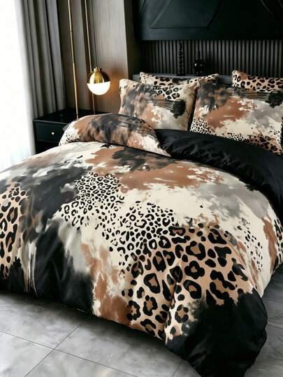Bộ chăn ga gối sang trọng họa tiết da báo đen phong cách Gothic (1 vỏ chăn + 1/2 vỏ gối, không bao gồm ruột gối), mềm mại, ấm áp và thoải mái, thích hợp trang trí phòng ngủ, phòng khách, ký túc xá.