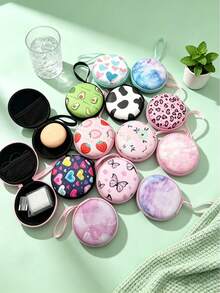 1pc EVA Material Round Earphone Storage Bag, Cute Print Shockproof Portable Digital Accessory Organizer Bag (Print Position Not Fixed) - View 2