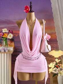 Femesol New Spring/Summer Women's Fashion Sexy Halter Tie Mini Dress - Plunging Neckline Design - Open Back Tie - Ruffle Hem - Resort - Beach - Pink Dress - 粉色 - 查看 1