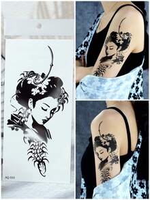 3 Sheets Japanese Geisha Temporary Tattoo, Waterproof Black Ink Ancient Beauty Body Art Sticker, Realistic Fake Tattoo For Arm Back,Sketch Style - Black - View 4