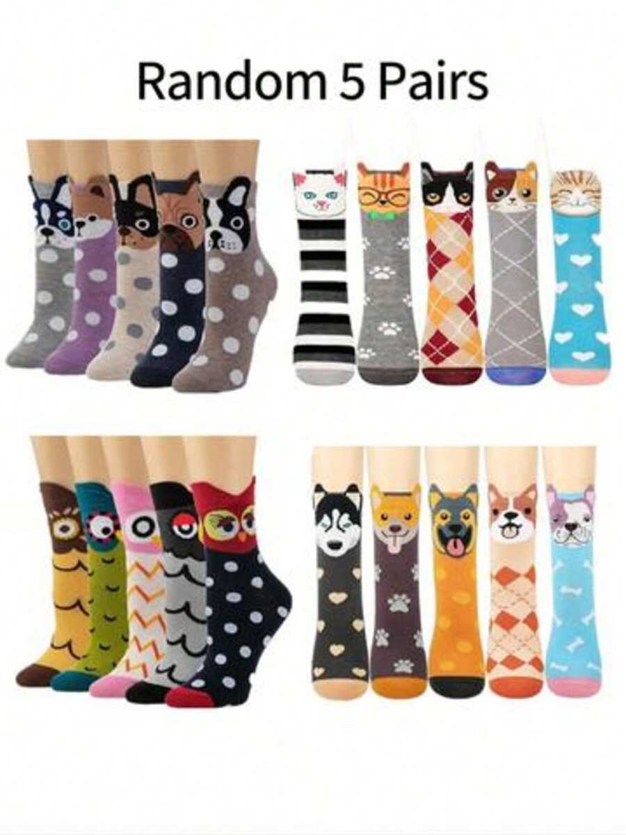 5 Pairs Cartoon Animal Print Mid-Calf Socks, Cute Japanese Style Long Socks For Tween GirlsStudent Socks, Casual Design, Suitable For 12-16 Years Old - Multicolor - View 1