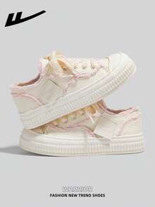 WARRIOR Women's Thick Sole Lace-Up Soft Bottom Casual Sneakers Low-Top Outdoor Flat Shoes Summer Commuter Shoes Round Toe Low Heel Non-Slip Solid Color Elegant Soft Sole Hiking Shoes Suitable For Students Graduation Photo Flat Shoes Women's Low-Top PU Upper Sports Skateboard Shoes - Beige/Pink - View 1