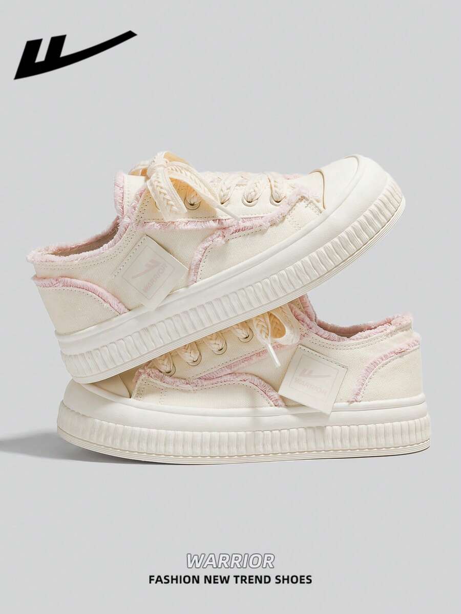 WARRIOR Women's Thick Sole Lace-Up Soft Bottom Casual Sneakers Low-Top Outdoor Flat Shoes Summer Commuter Shoes Round Toe Low Heel Non-Slip Solid Color Elegant Soft Sole Hiking Shoes Suitable For Students Graduation Photo Flat Shoes Women's Low-Top PU Upper Sports Skateboard Shoes - Beige/Pink - View 1