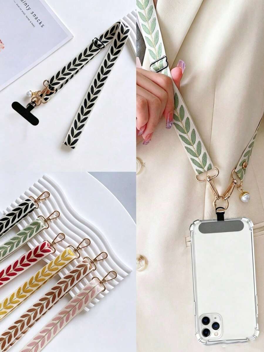 1 chiếc dây đeo dài hình lá có thể điều chỉnh độ dài, kèm mặt dây chuyền ngọc trai giả, dùng để giữ điện thoại đeo chéo. - Nhiều màu - Xem 1
